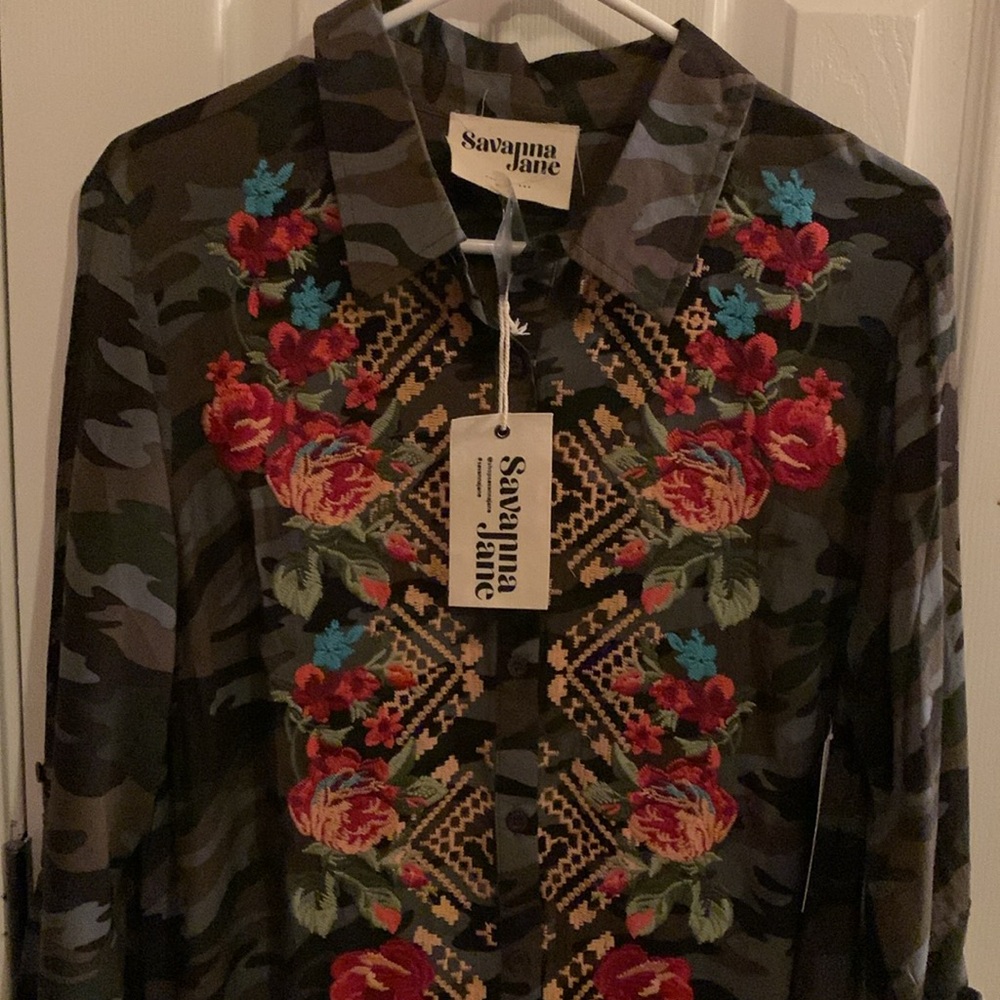 Embroidered Camo Maxi Shirt Dress Savannah Jane Size L NWT